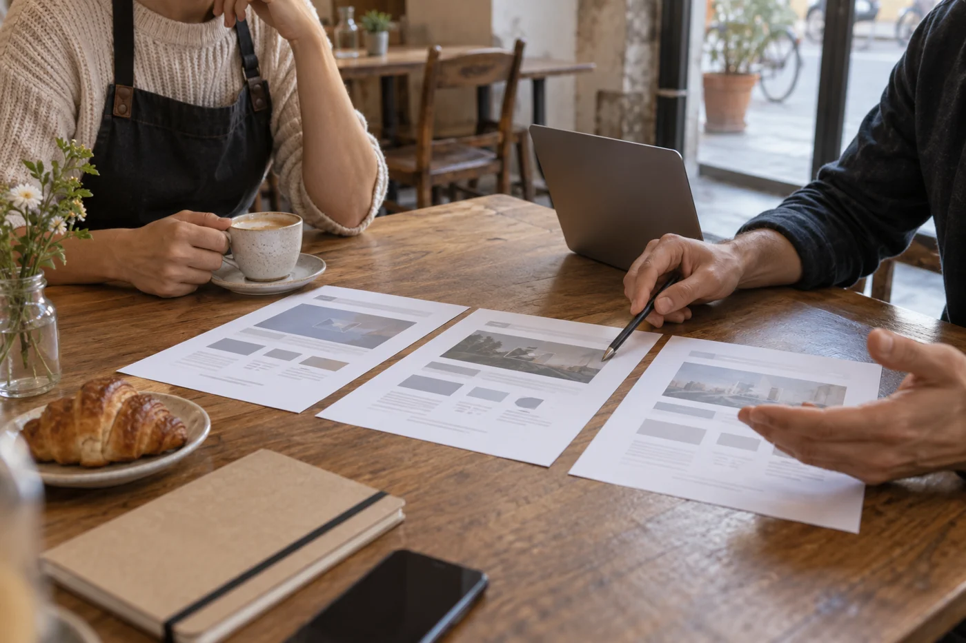 Una persona compara propuestas de diseño web sobre una mesa.
